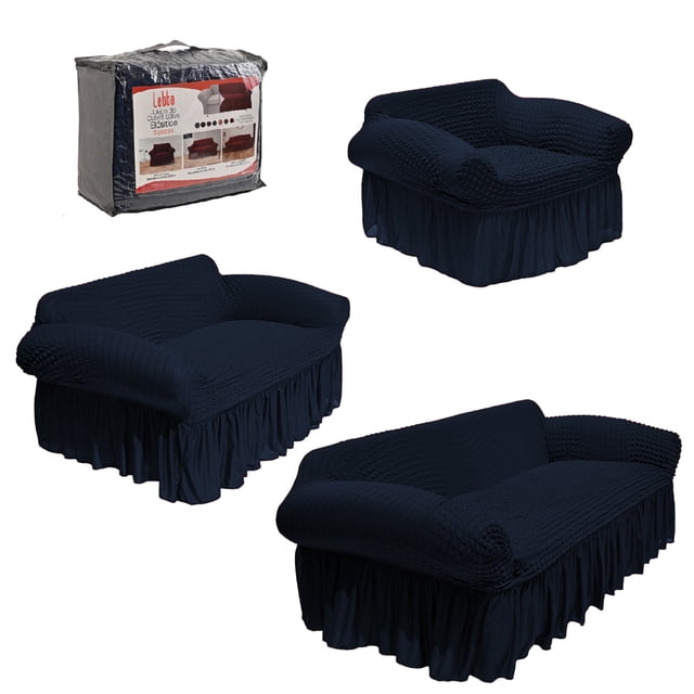 LABBA Fundas Elásticas para Sillones con Olanes, Juego de 3 Piezas, para Sofá Individual/Love Seat/Tres Plazas Color Azul Marino