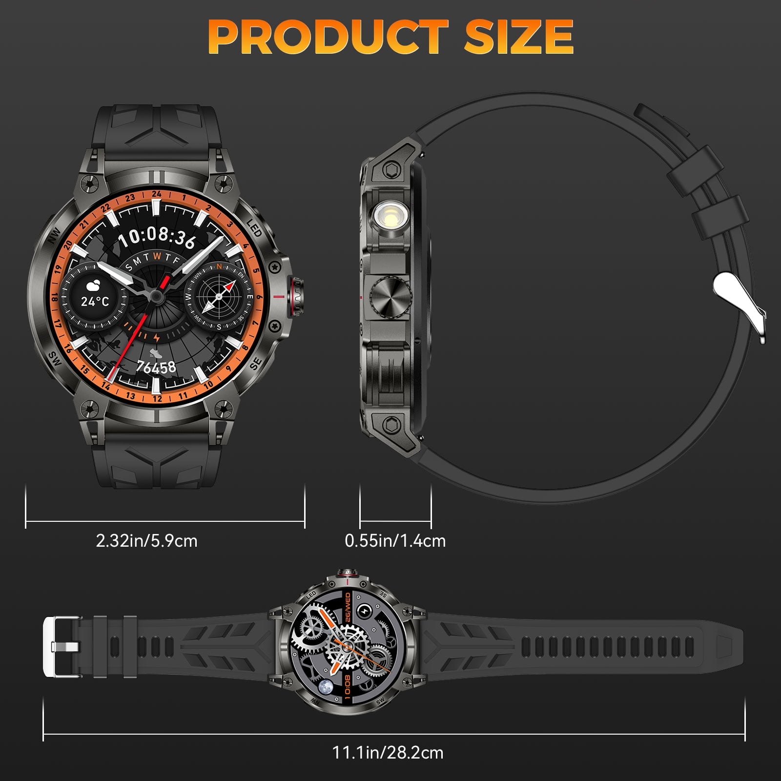 XAXRE KC89 Smart Watch for Men(Answer/Dial Calls)with LED Flashlight 760mAh Battery 100+ Sports Modes Sport Watch 1.85'' HD Smartwatches for iOS Android, 1pc