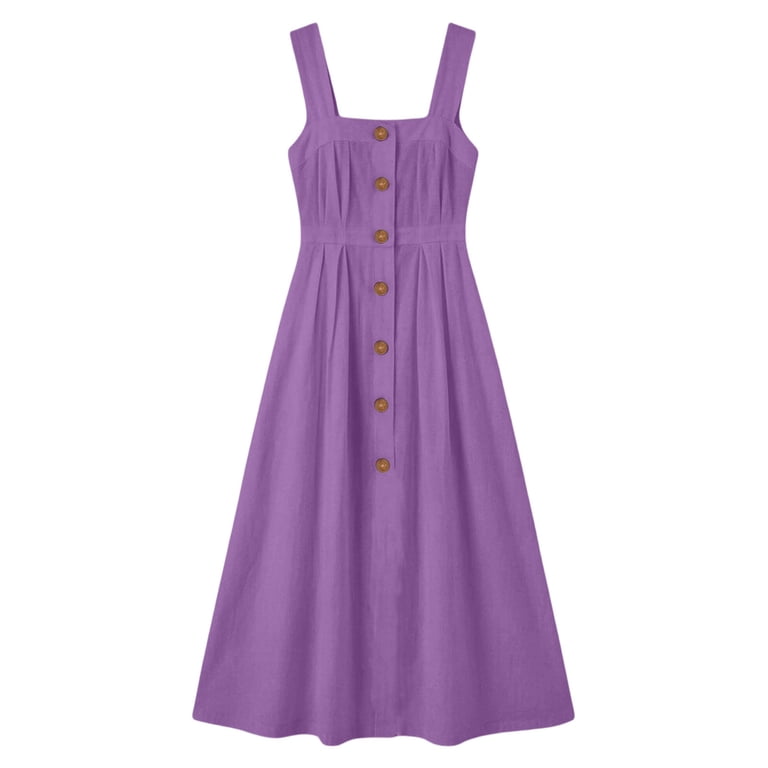 ClodeEU Women's Square Neck Spaghetti Strap Midi Dress,Casual Button Front A Line Dress with Pockets Purple,Women's Plus S