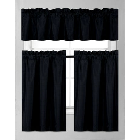 K3 SET KITCHEN BLACK 3 PIECES 2 PANELS ,1 VALANCE, BATHROOM, WINDOW CURTAIN BLACKOUT DRAPE PANEL ROD POCKET INCLUDES 2 TIER PANELS 30" WIDE X 36" LONG" EACH PANEL + 1 VALANCE 60" WIDE X 14" LONG