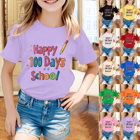 LRen Girls 100 Days Of School Shirt Funny Letter Graphic Printed Preppy T-Shirt Fashion Kids Kindergarten Celebration Gifts Tees Tops Back To School Outfits for 10-11 Years