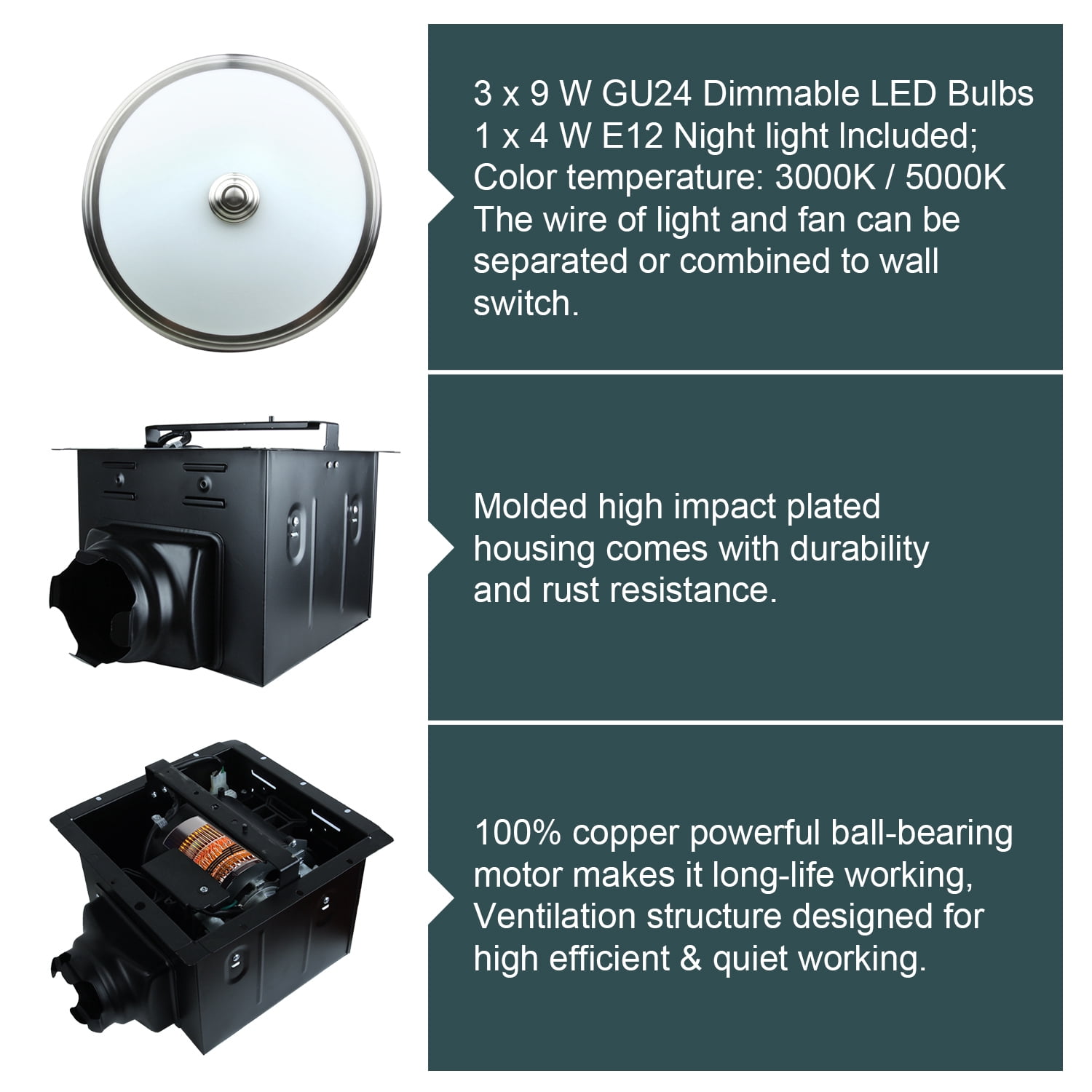 Ultra Quiet Bathroom Exhaust Fan with LED Light and Nightlight 110CFM 1.5 Sone Bathroom Ventilation Fan with Round Frosted Glass Cover Brushed Nickel - LED5000K