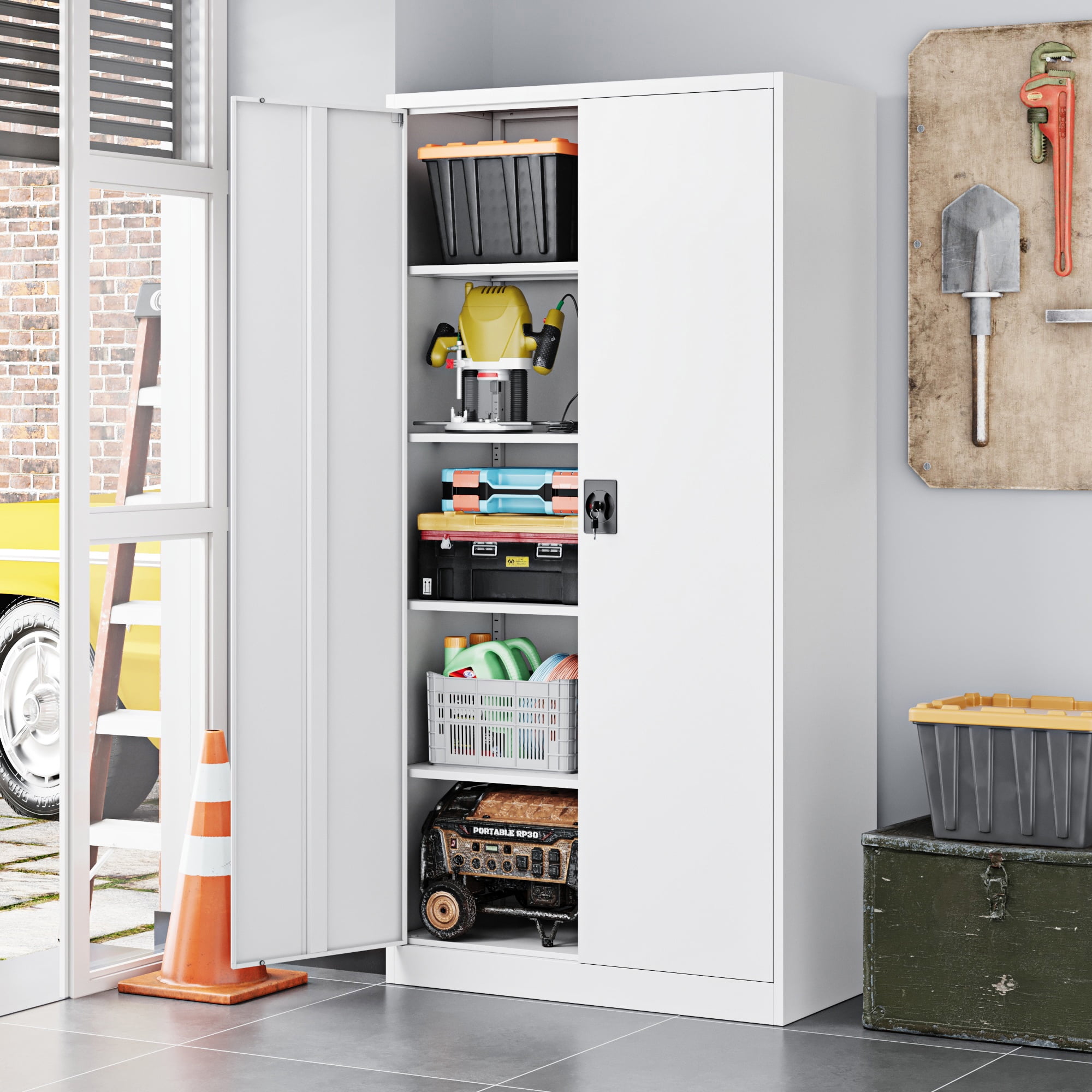 Fesbos Metal Garage Storage Cabinet,71" H Tall White Cabinet with 2 Doors and 4 Adjustbale Shelves,Lockable Tool Cabinet for Garage, Basement, Home Office