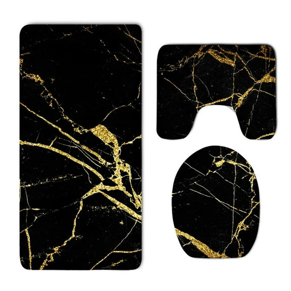 PUDMAD Black Gold Marble 3 Piece Bathroom Rugs Set Bath Rug Contour Mat and Toilet Lid Cover