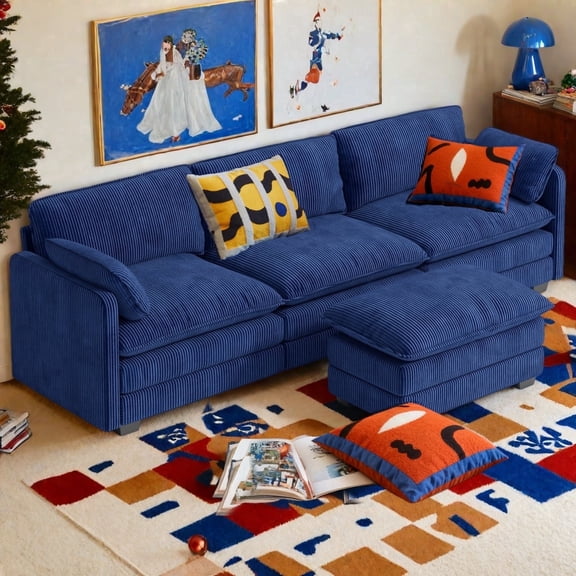 110" Cloud Modular Sectional Sofa for Living Room, Jolifa L-Shaped Cloud Sofa with Corduroy Fabric, 3 Seat Couch with Movable Ottoman, Blue