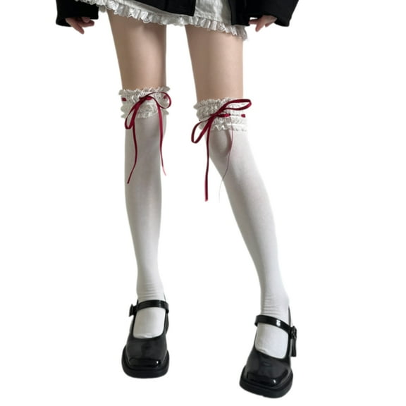 Sweet Ruffled Lace Top Thigh High Stockings with Ribbon Bowknot Japanese Elegant Over Knee Long Socks for Women Hosiery