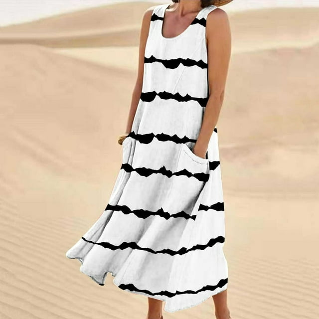 CHUANK Robe Longue Ample Sans Manches en Coton et Lin pour Femmes, Robe Débardeur d'Été Décontractée Unie, Robe de Plage avec Poches