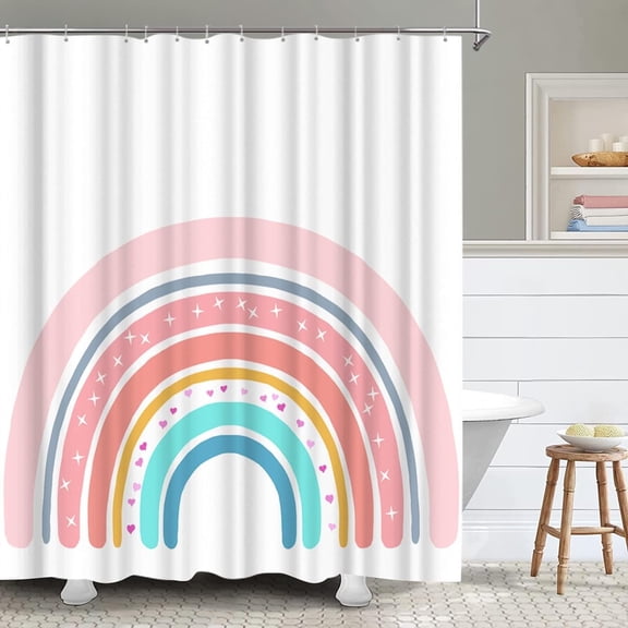 Rainbow Shower Curtain Set Cute Pink Pattern Bath Curtain Simple Fabric Cloth Bathroom Decor Set Hooks Included 72"x 72"
