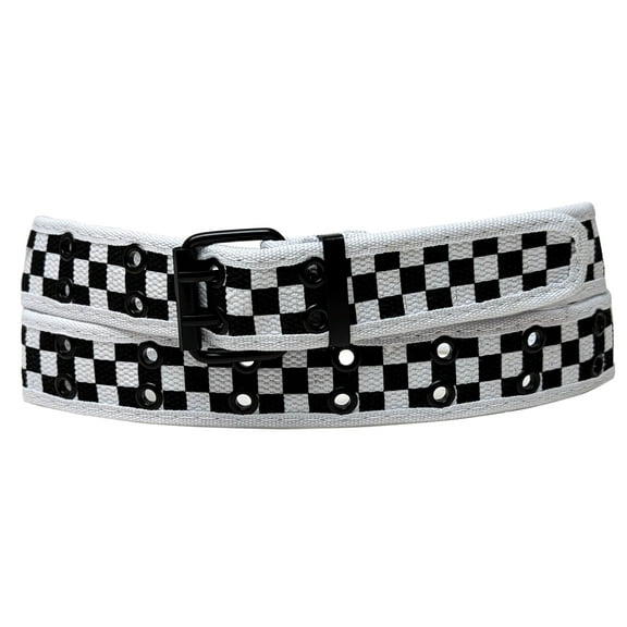 Black White Checkers 2 Holes Row Metal Grommet Stitched Canvas Fabric White Web Belt