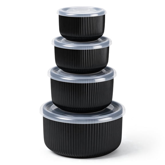 Vesteel Serving Bowls with Lids Set of 4, Ribbed Ceramic Mixing Bowls, Nesting Bowls for Food Storage Prep Salad, 10 / 20 / 35 / 60 OZ, Microwave & Dishwasher Safe, Matte Black