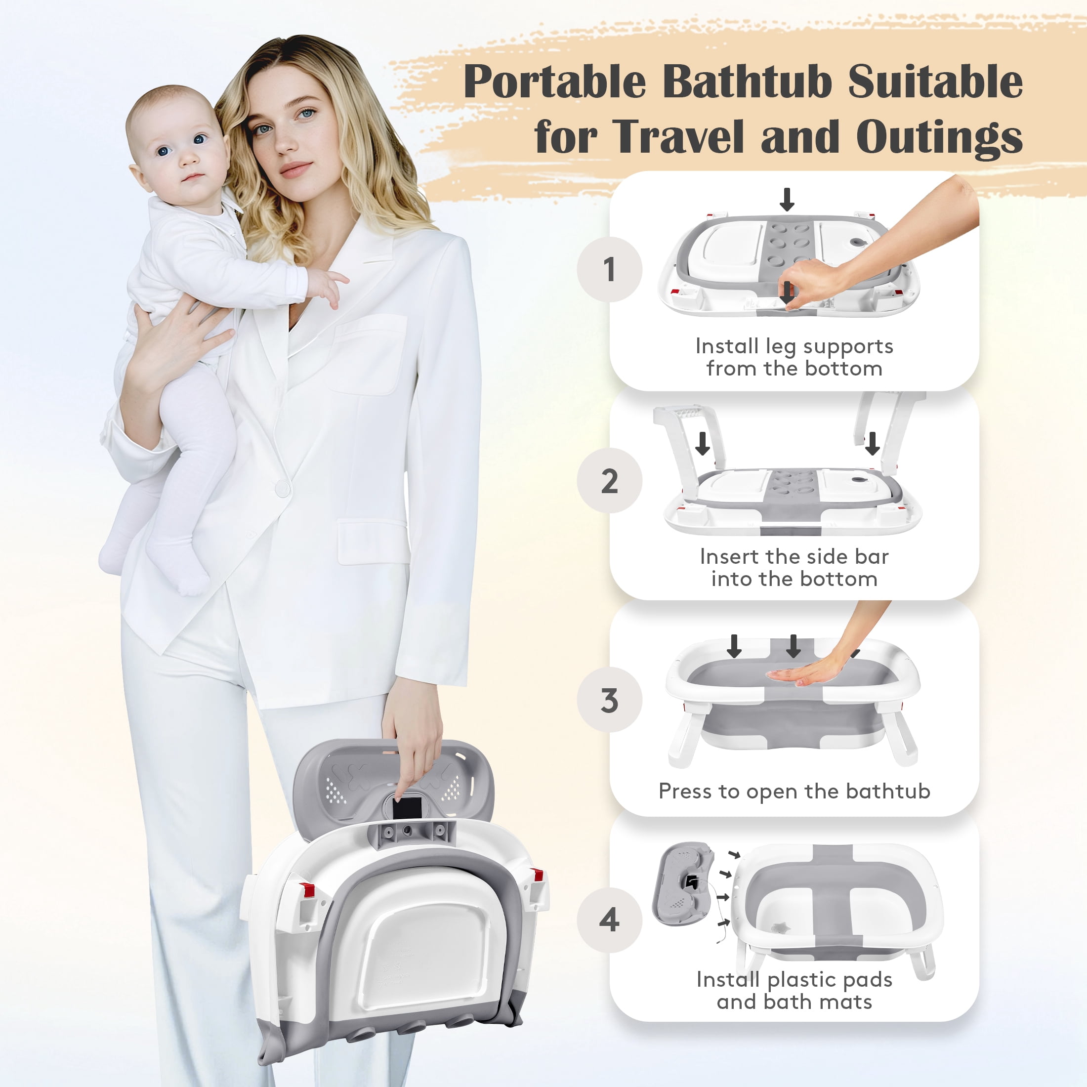 Babyomi Collapsible Baby Bathtub, infant tub for newborn with Temperature Sensor and Storage Tray, Portable Bath Tub forTravel, Gray