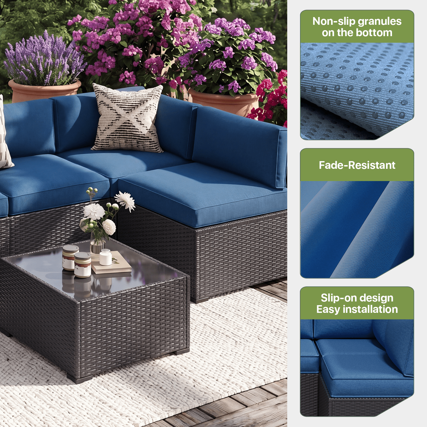 BaPiPro 14 Pack Navy Blue Outdoor Patio Sofa Cushion Replacement Covers, Fade‑Proof, Waterproof & Zippered, Wear‑Resistant, Stain‑Resistant Easy‑to‑Clean Slipcovers for Rattan Sectional Furniture