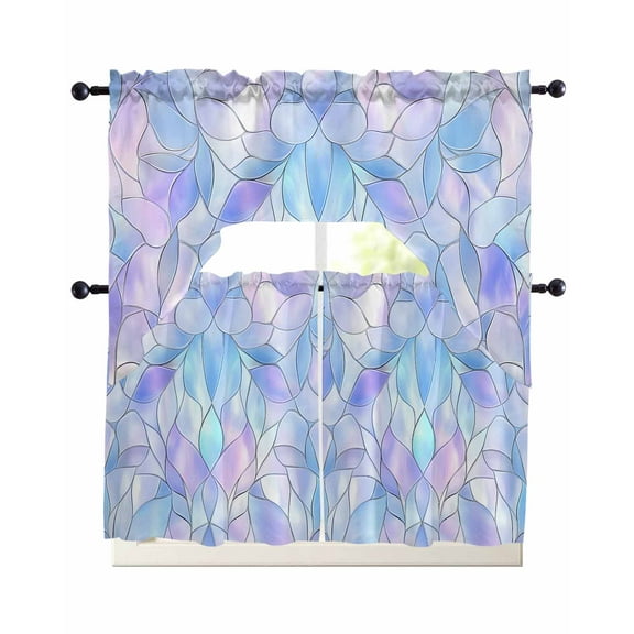 Stained Glass Kitchen Curtains Sets 24 Inch Length with Valance, Blue Purple Floral Geometric Swag Valances and Tiers Curtain Set Drapes Swag Curtains for Living Room, Bathroom, Bedroom, Cafe