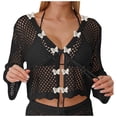 thumbnail image 2 of Women's Long Sleeve V Neck Crochet Cardigan Summer Tie Front Hollow out Cropped Tops Beach Cover Up Bathing Suit Cover up for Women Black One Size, 2 of 6