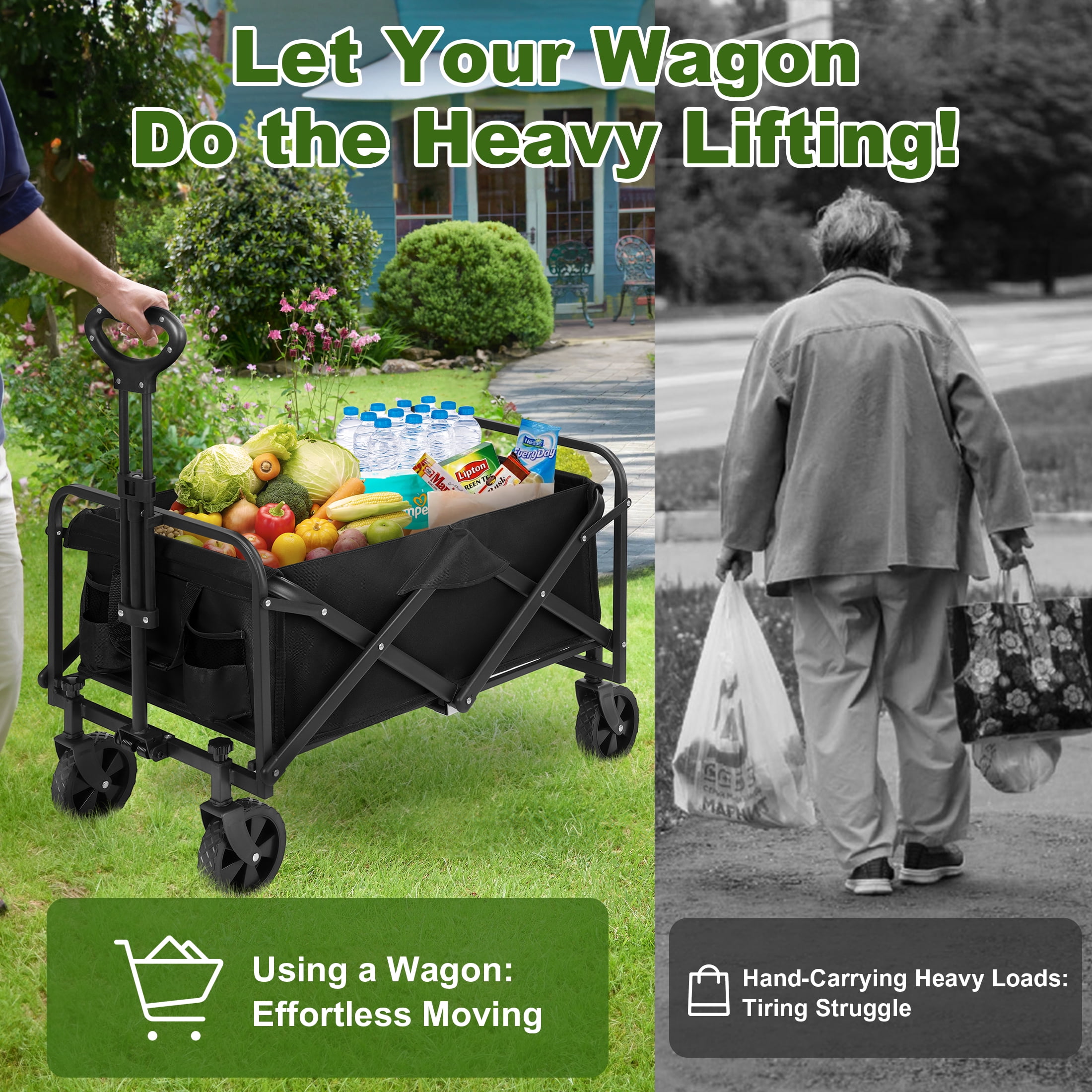 Firstness Collapsible Wagon Cart, Folding Utility Garden Wagon for Camping Beach Picnic Shopping Sports & Grocery, Black