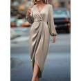thumbnail image 5 of Womens Long Sleeve V-Neck Tie Waist Split Formal Cocktail Wedding Guest Dresses Champagne Color XL, 5 of 9