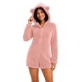thumbnail image 2 of BRGZLK Women Fleece Onesie Pajama Winter Solid Color Long Sleeve Fleece Fuzzy Cute Bear Hooded Jumpsuit Shorts Warm Soft Cozy One Piece Sleepwear Pink XL, 2 of 9