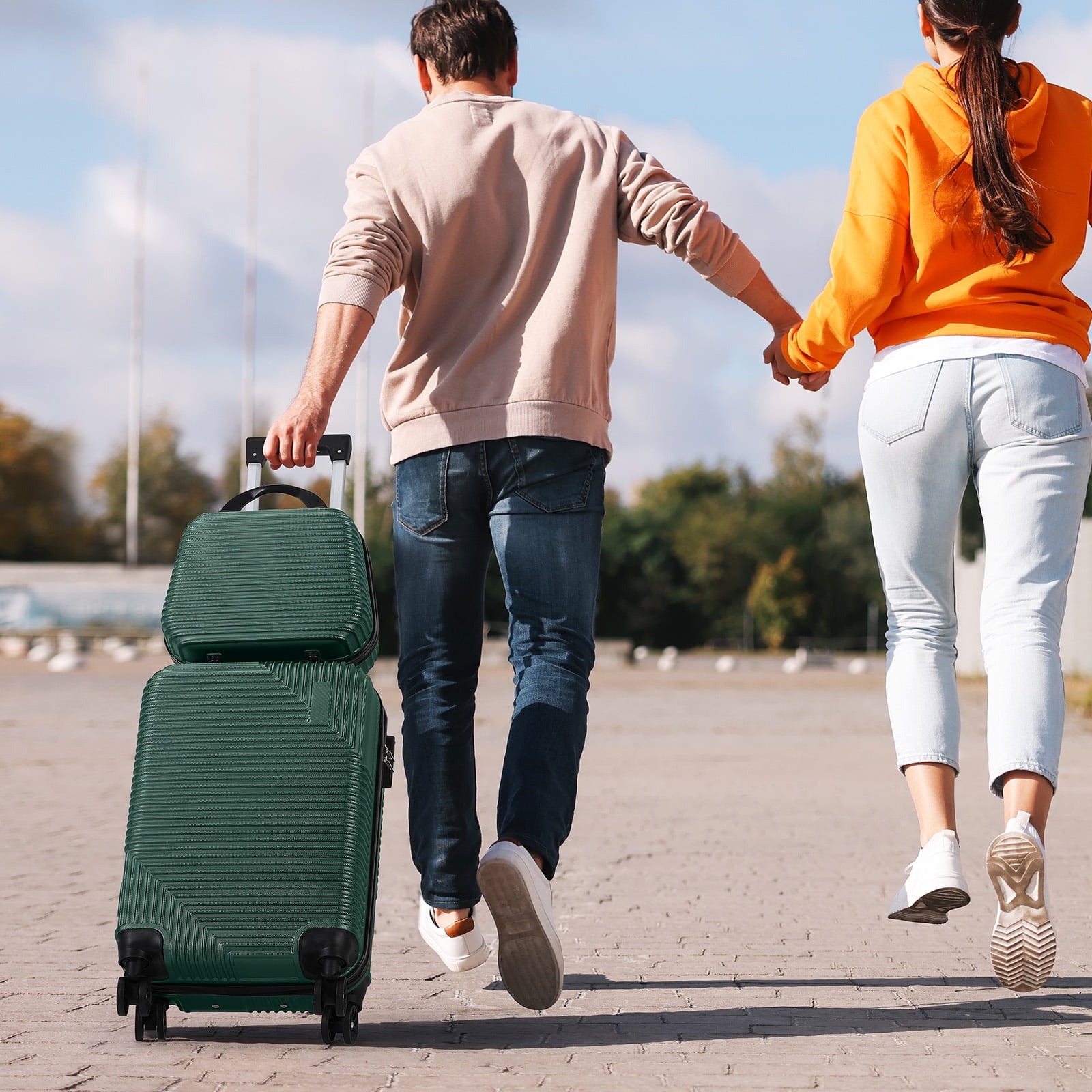 Diagonal Stripe Luggage ABS 2-Piece Set (14"+20") Green