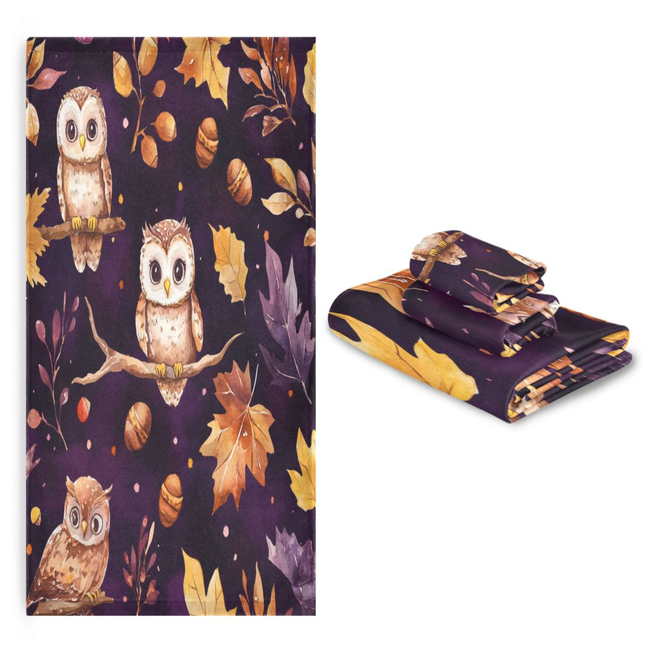 WOBOGO Adorable Baby Owls and Acorns Pattern Ultra Soft 3 Pack Cotton Towel Set for Everyday Use Lightweight and Compact