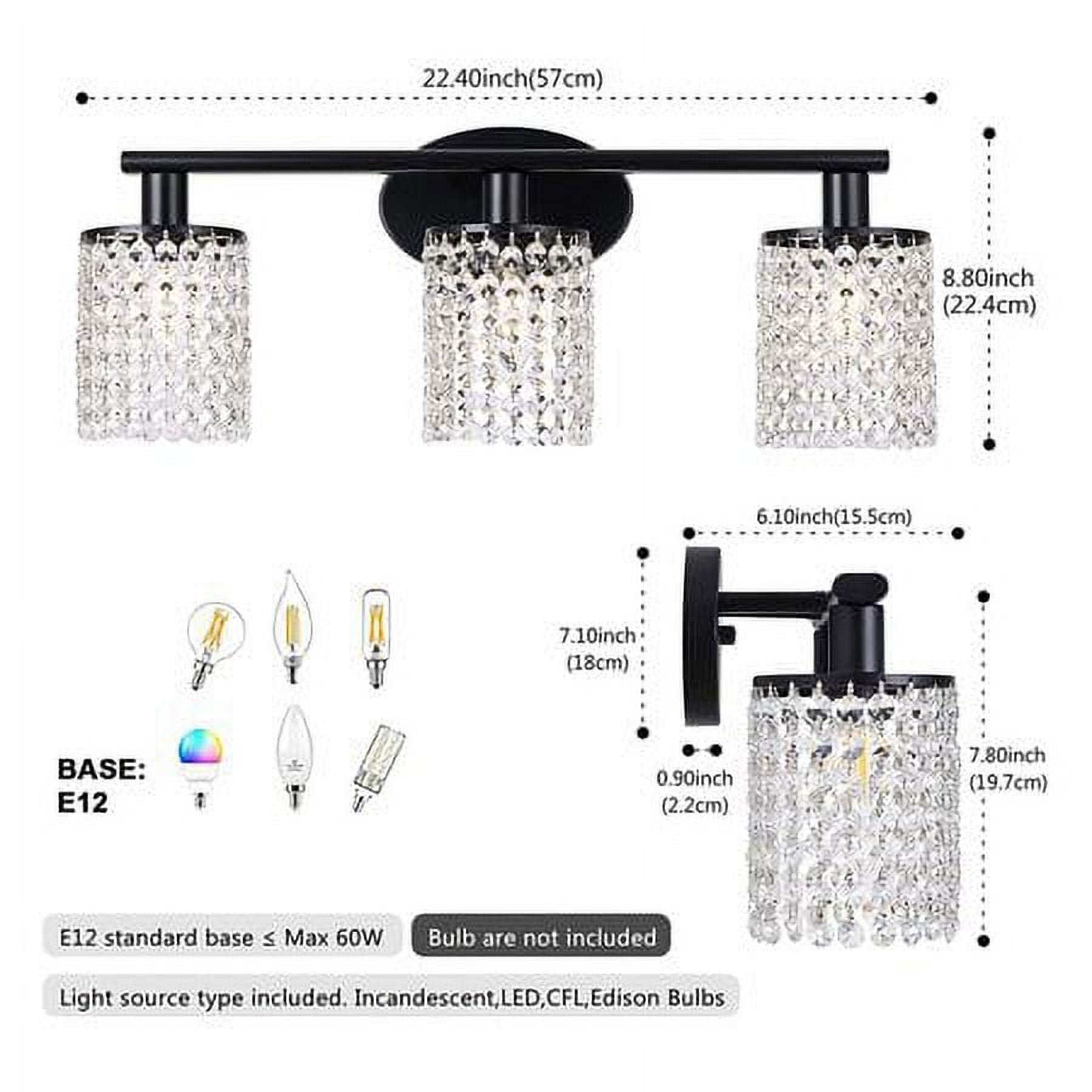 LOHAS 3-Light Modern Black Bathroom Vanity Lights with Crystal Shade, Industrial Crystal Drop Bathroom Lighting Fixtures,Interior Lighting Fixture Over Mirror