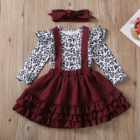 

Spring Infant Kids Baby Girls Clothes Leopard Tops Romper Bib Tutu Dress Skirts Headband 2pcs Outfits Set 18-24 Months