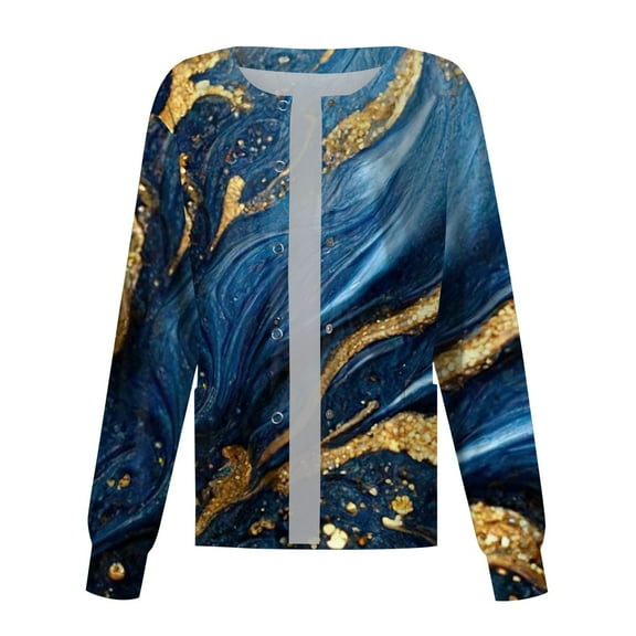 ZKIRBJV Womens Scrub Jacket Long Sleeve Warm Up Button Up Scrubs Tops Stand-Up Collar Butterfly Printed Oversize Scrub Jacket Spring Medical Nurse Work Uniform with Pockets Blue S