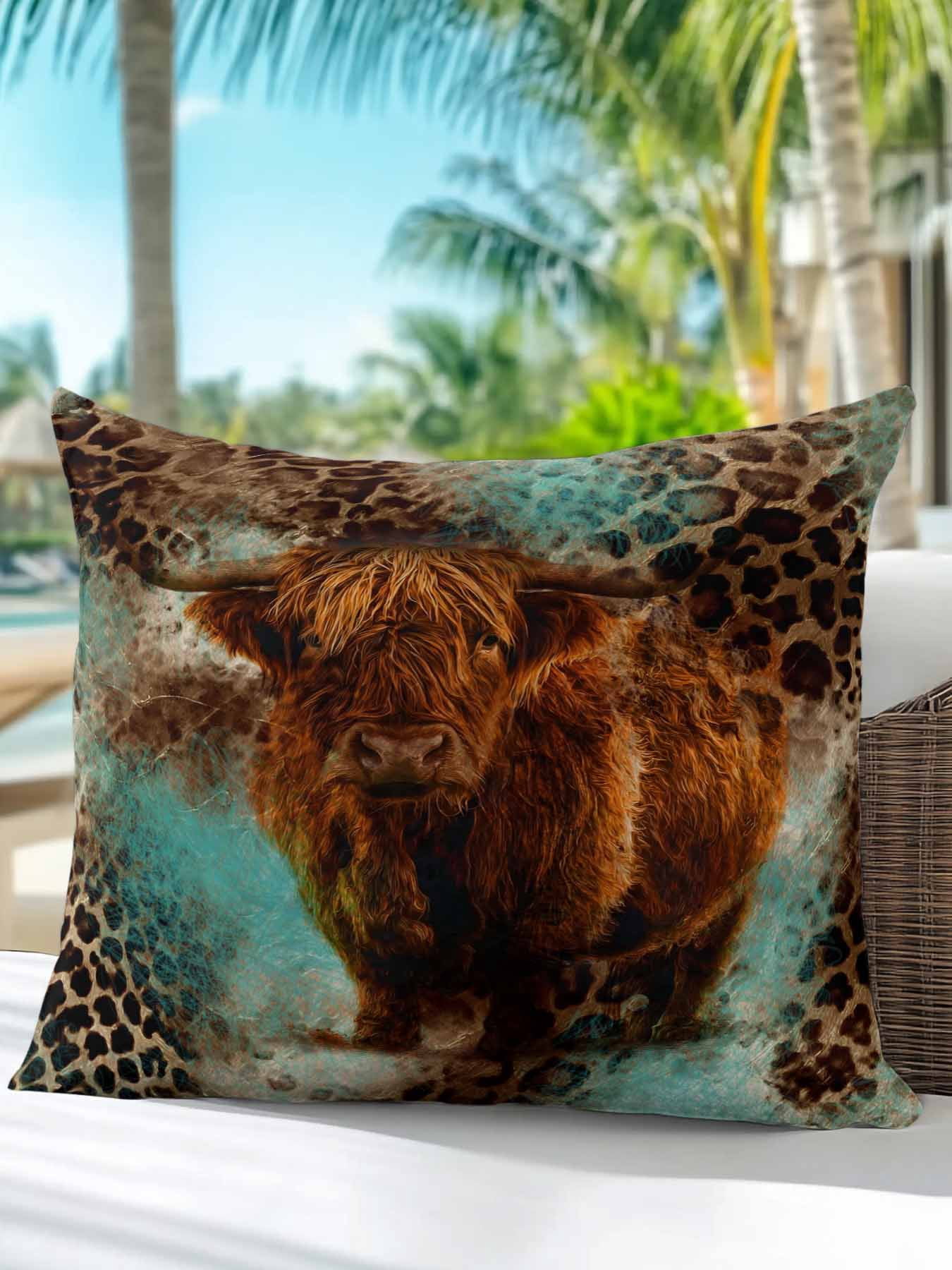 1 Pack Outdoor Throw Pillow, Teal Cow Leopard Waterproof Pillow with Insert Included, Aesthetic Vintage Animals Farmhouse Decorative Accent Cushion Sofa Pillows for Patio Porch, 16 x 16 In