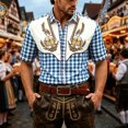 thumbnail image 2 of XIAOCHA Mens Plaid Print Button-Up Shirt Short Sleeve Tops Bavarian Oktoberfest Button Down Top, 2 of 4