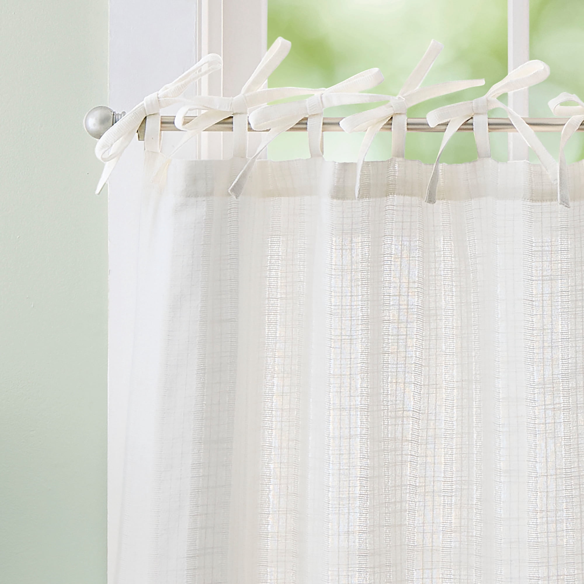 Curtainworks, Tie Tab Woven Stripe Tier Pair Ivory, Indoor, 28" x 36" Adult