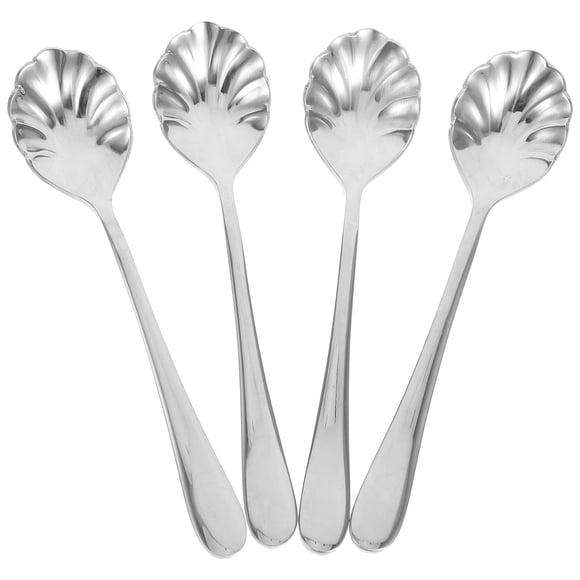 Juego de 4 cucharas mezcladoras de acero inoxidable con forma de concha, ideales para té, postres, helados y café.