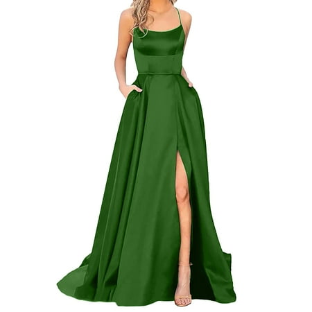 Dresses Backless Long Dresses Crisn Satin Spaghetti Party Prom Dress Side Slit Wedding Evening Party Dress With Pockets Holiday Dresses for Women Green XXL