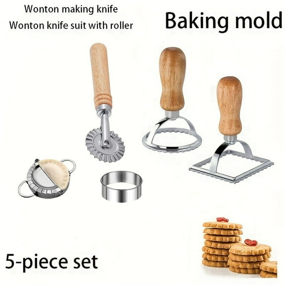 5-Piece Ravioli Cutter Wheel Set, Stainless Steel Pasta Making Tools with Wooden Handles for Ravioli, Dumplings & Pastry