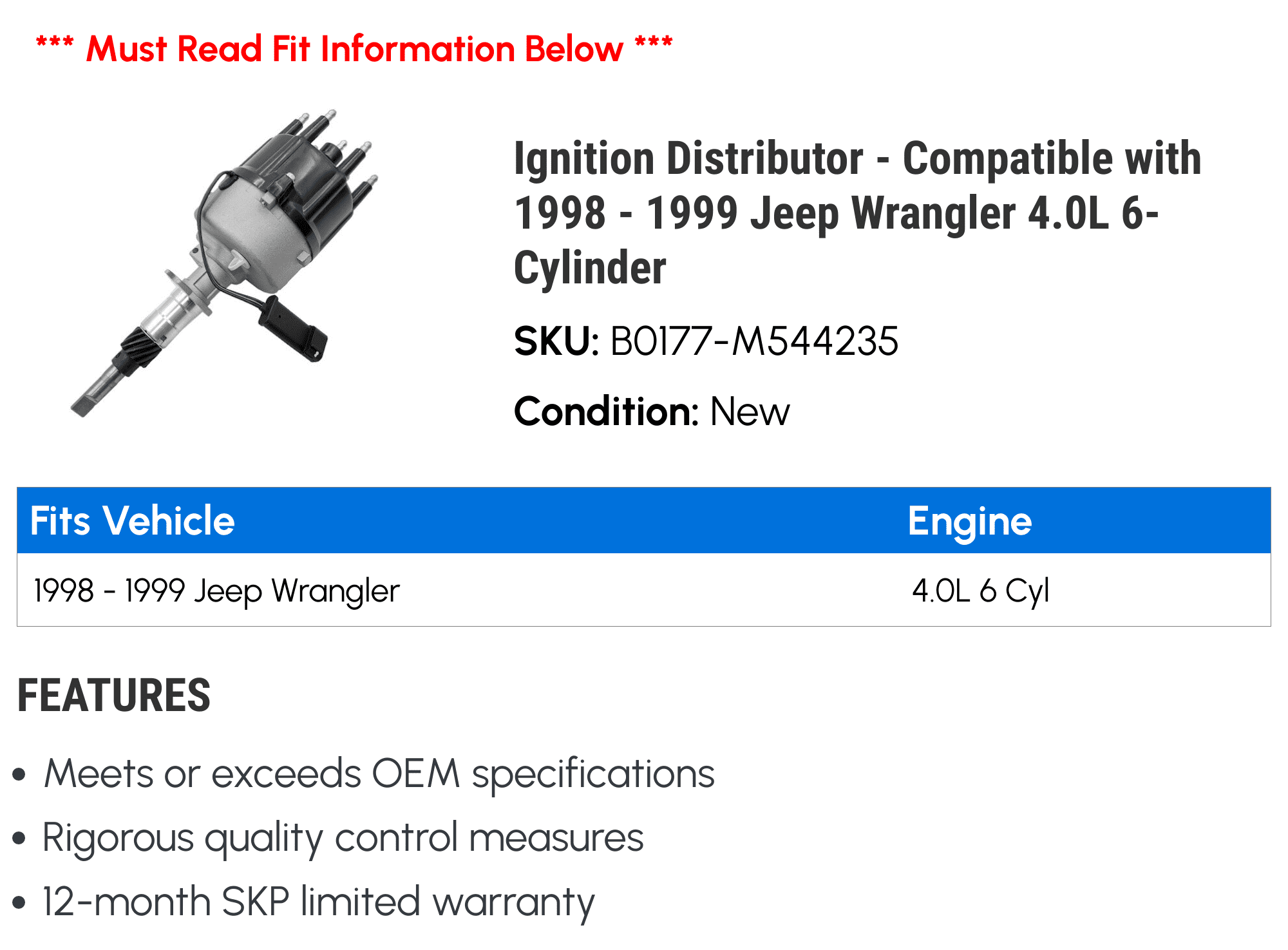 Ignition Distributor - Compatible with 1998 - 1999 Jeep Wrangler 4.0L 6-Cylinder