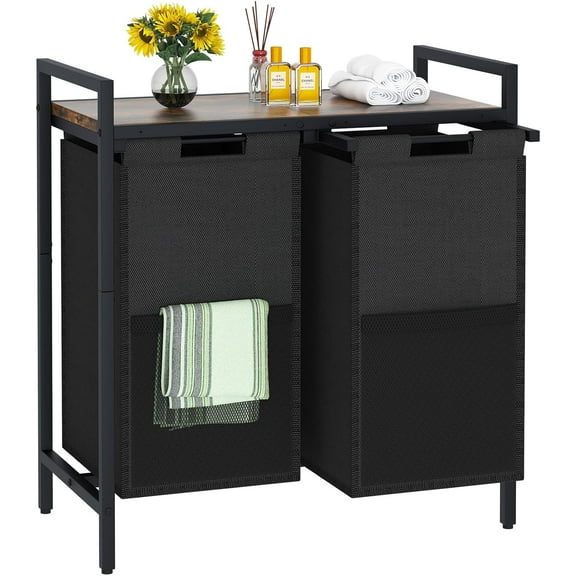 Laundry Hamper, double Laundry Basket, Laundry Sorter with Top Shelf & 2 Removable Washable Bags & Side Pockets for Laundry Room organization, Bathroom and Dorm, Rustic Brown and Black