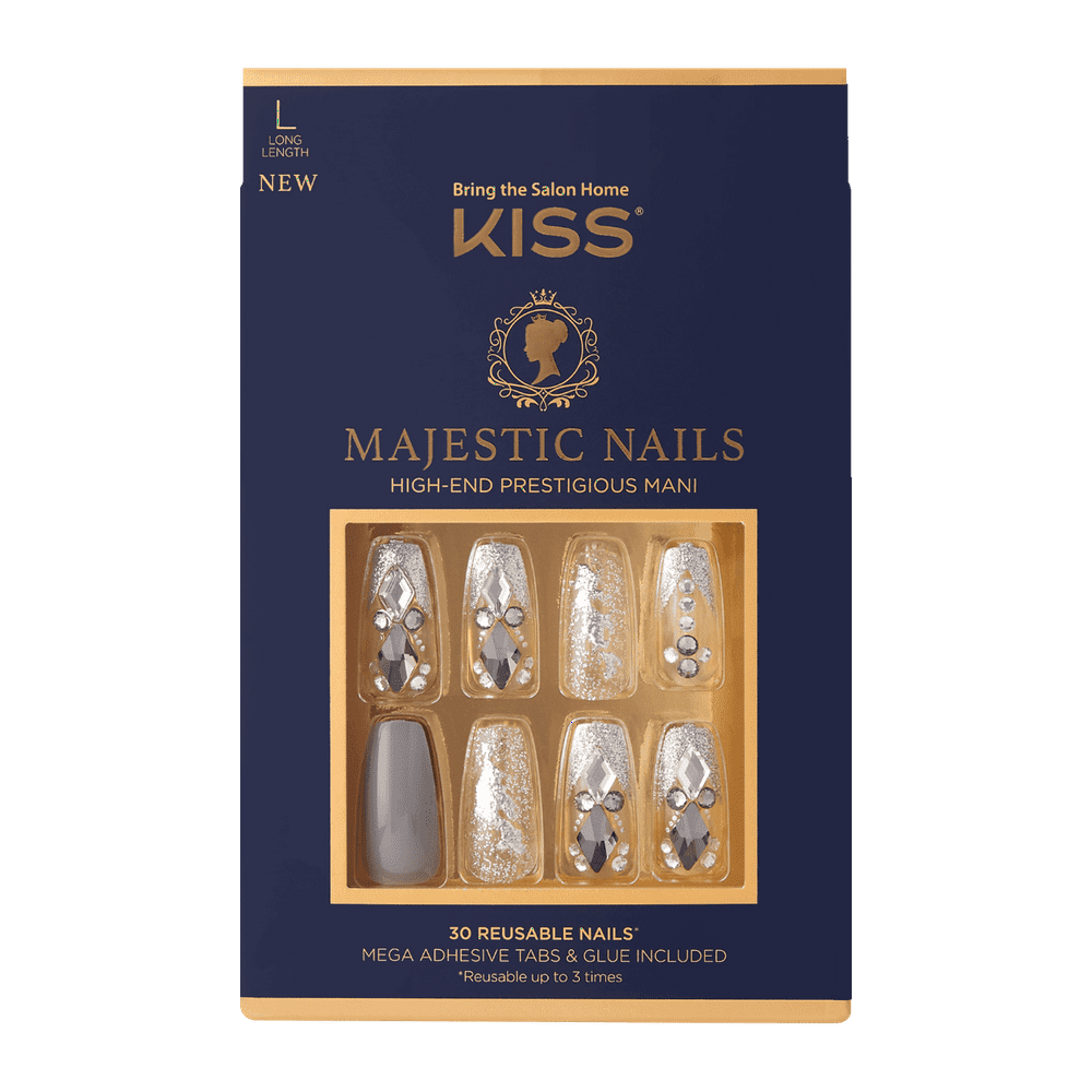 KISS Majestic Nails, ‘Sparkle’, 30 Reusable Long Coffin Shape Jeweled Nails