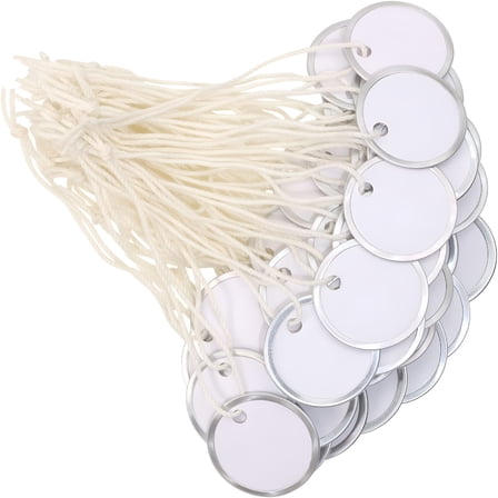 LAMIRO 31mm/1.22inch Blank Labeling Tags Round Name Shipping Tags with String Metal Rim Price Tags for Pricing Gift Jewelry Clothing Yard Sale Garage Supplies Marking Label Hang Tags (50)