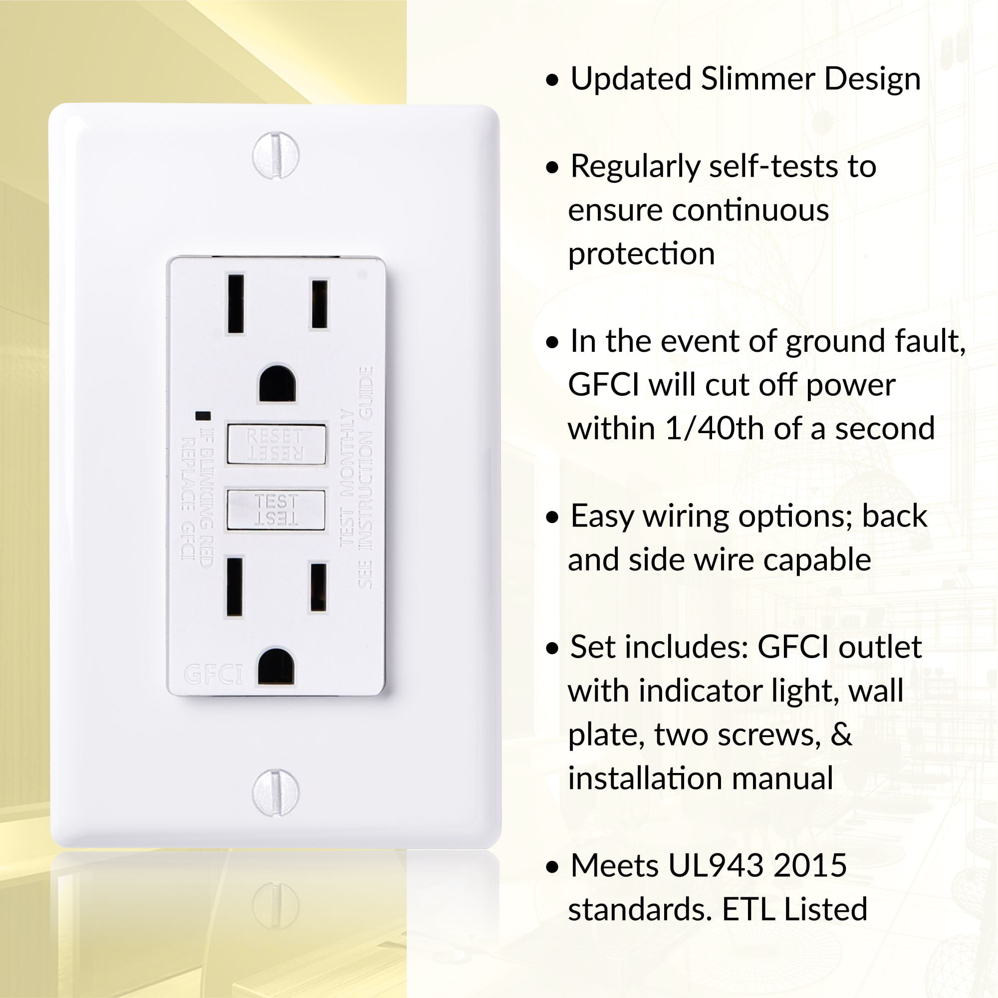 Faith 15A GFCI Outlets, Slim, Non-Tamper-Resistant GFI Duplex Receptacles with LED Indicator, Self-Test Ground Fault Circuit Interrupter with Wall Plate, ETL Listed, White, 10 Pack