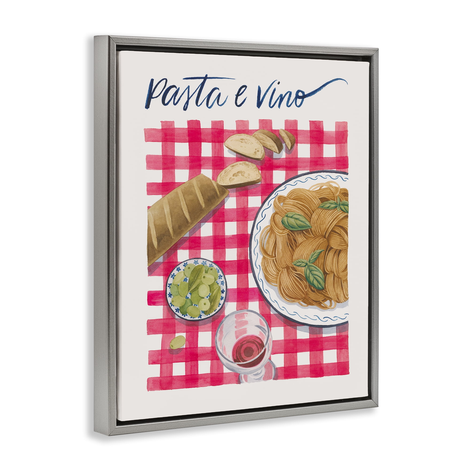 Stupell Industries Pasta & Wine on Tartan Food & Beverage Painting Gray Floater Framed Canvas Art Print Wall Art, 25 x 31