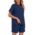 thumbnail image 3 of Women 2 Piece Outfits Sweatsuits Summer Short Sleeve Loungewear Tracksuit Round Neck Lounge Shorts Sets Navy Blue S, 3 of 10
