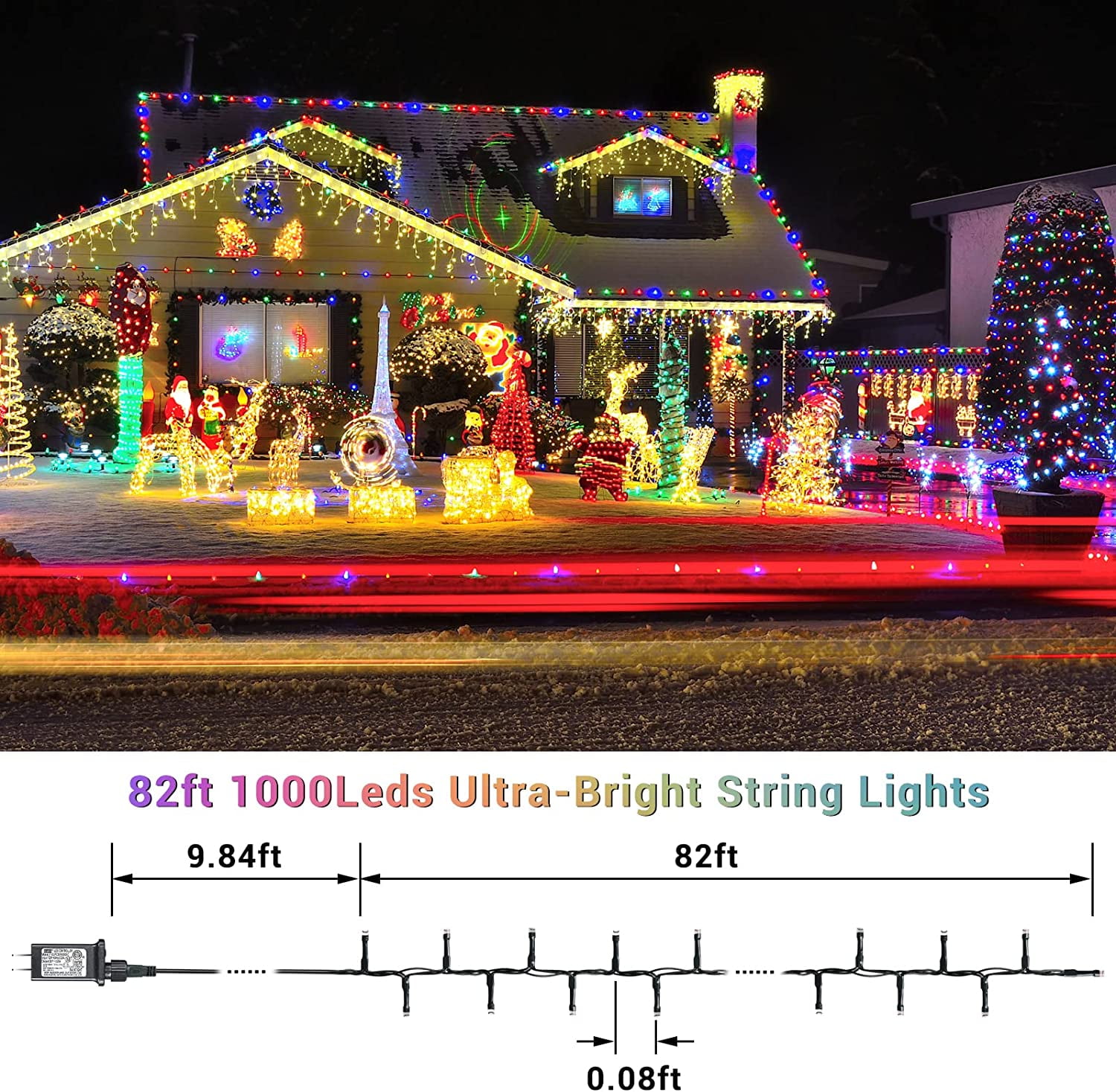 Quntis 82ft 1000 LEDs Christmas String Lights, Multicolor Outdoor Waterproof Christmas Tree Lights with 8 Modes, Plug in Holiday Twinkle Fairy String Lights for Garden Tree Party Decoration