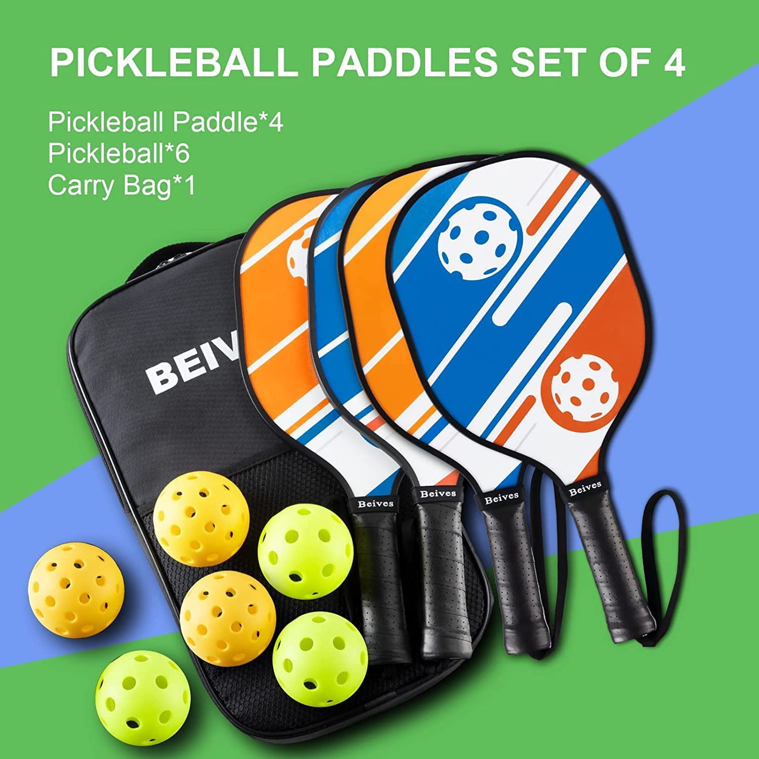 BEIVES Wood Pickleball Paddles Set of 4 - Pickle Ball Rackets with Indoor Outdoor Balls & Bag