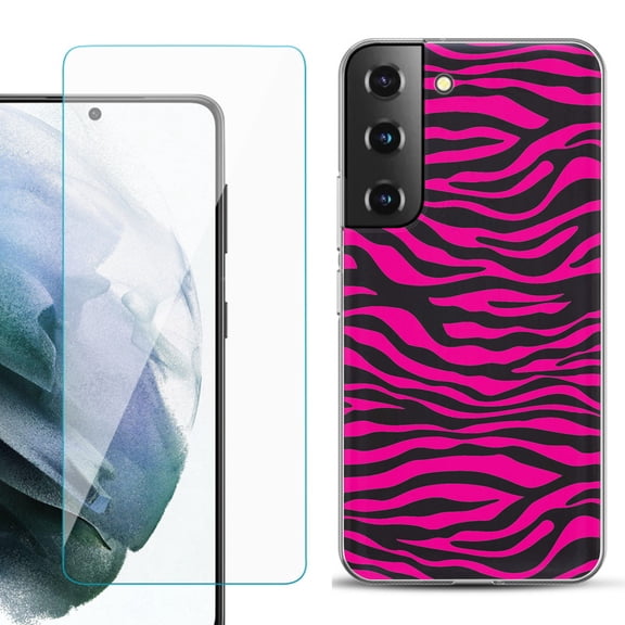 Slim-Fit TPU Fashion Phone Case for Samsung Galaxy S22 5G, with Tempered Glass Screen Protector, by OneToughShield ® - Zebra Pink