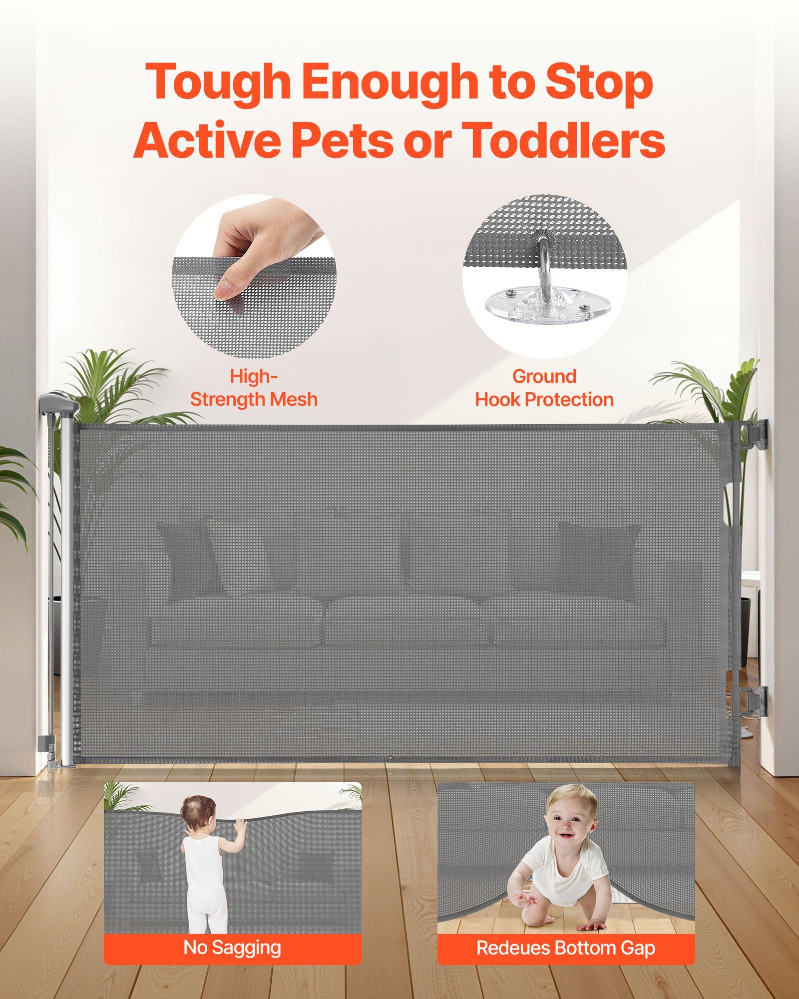 Retractable Baby Gate 56.3 Inch Wide 31.3 Inch Tall Security Lock Easy Walk Through Mesh Dog Gate for Stairs Hallways Indoor Outdoor Gray