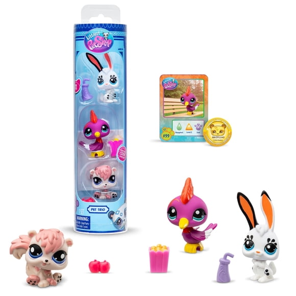 Littlest Pet Shop Bandai Pack 3 Park Pets BF00598 Juego de 3 accesorios para mascotas, tarjeta de coleccionista y código virtual, generación 7, mascotas #99, #100, #101, niños mayores de 4 años