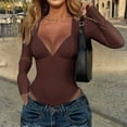 thumbnail image 2 of DHFJKG Womens Long Sleeve Bodysuits Basic Slim Fit Stretch Layering Top Sexy Deep V Neck Going Out Clothes Nightclub Wear Versatile Onesie, 2 of 4