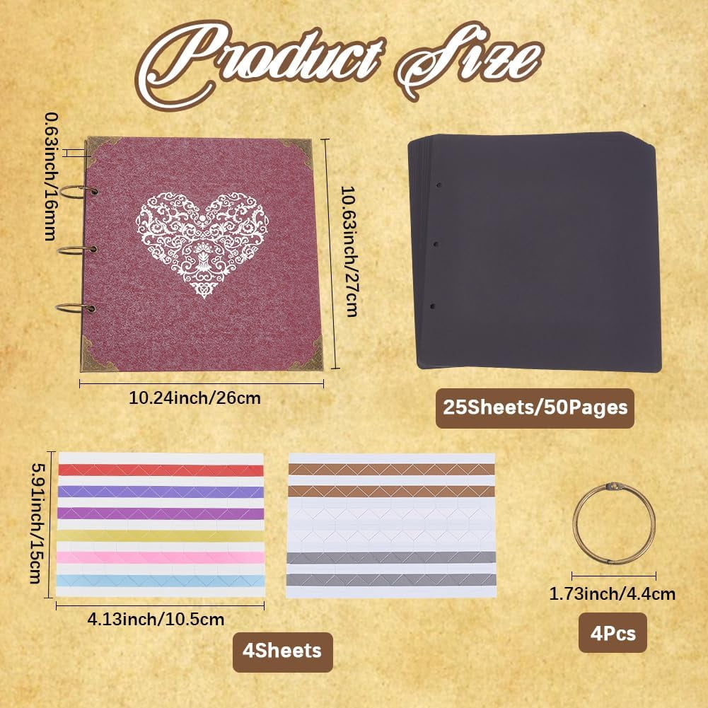 Red Photo Scrapbook Photo Album Kit with Corners Adhesive Stickers 10 x 10 Inch 25Pcs Pages Paper Vintage Heart Loose Leaf Ring Binder Album Book Set for DIY Pictures Wedding Memory Keep
