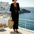 thumbnail image 2 of KHONTS Women's 3/4 Sleeve Summer Maxi Dress Plus Size Casual Linen Flowy Beach V-Neck Dress with Pockets Black S, 2 of 8