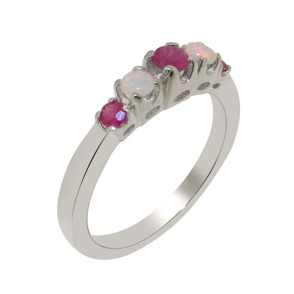 LBG British Made 9k White Gold Natural Ruby & Opal Womens band Ring - 33 size options - Size 10