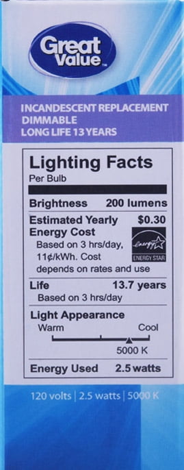 Great Value Decorative LED Light Bulb, Daylight, Dimmable, 2.5W (25W Equivalent), 4 Count