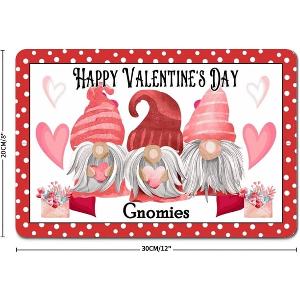 Letreros metálicos retro "Feliz Día de San Valentín, gnomos con corazón", placa de metal de 8 x 12